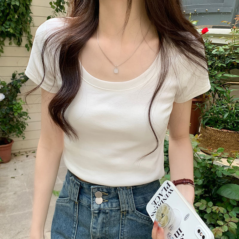 Design short T-shirt women's round neck stretch solid color versatile summer Korean casual tight hot girl short-sleeved top