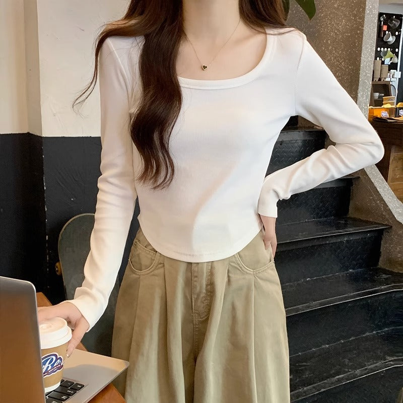 White slim slim T-shirt women's long sleeves with autumn irregular hem hot girl tight undershirt small top