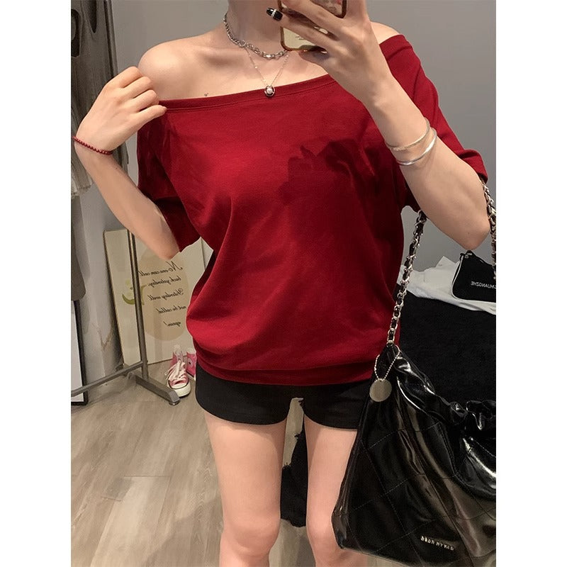 White solid color slanted shoulders and off-the-shoulder short sleeve T-shirt women's 2025 summer new one-shoulder loose shoulder covering thin top