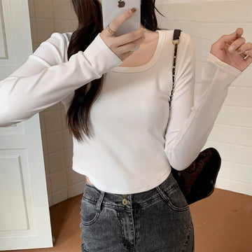 Square neck shoulder base shirt women's T-shirt 2025 autumn and winter velvet thickened curved hem waist long sleeve inner top with top