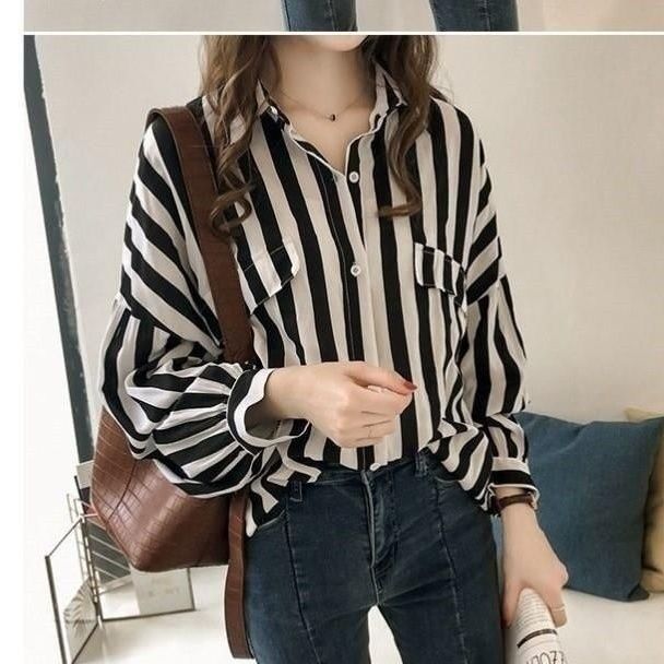 Early autumn women's new 2024 Hong Kong-style loose plus-size striped shirt women's long-sleeved top thin jacket shirt