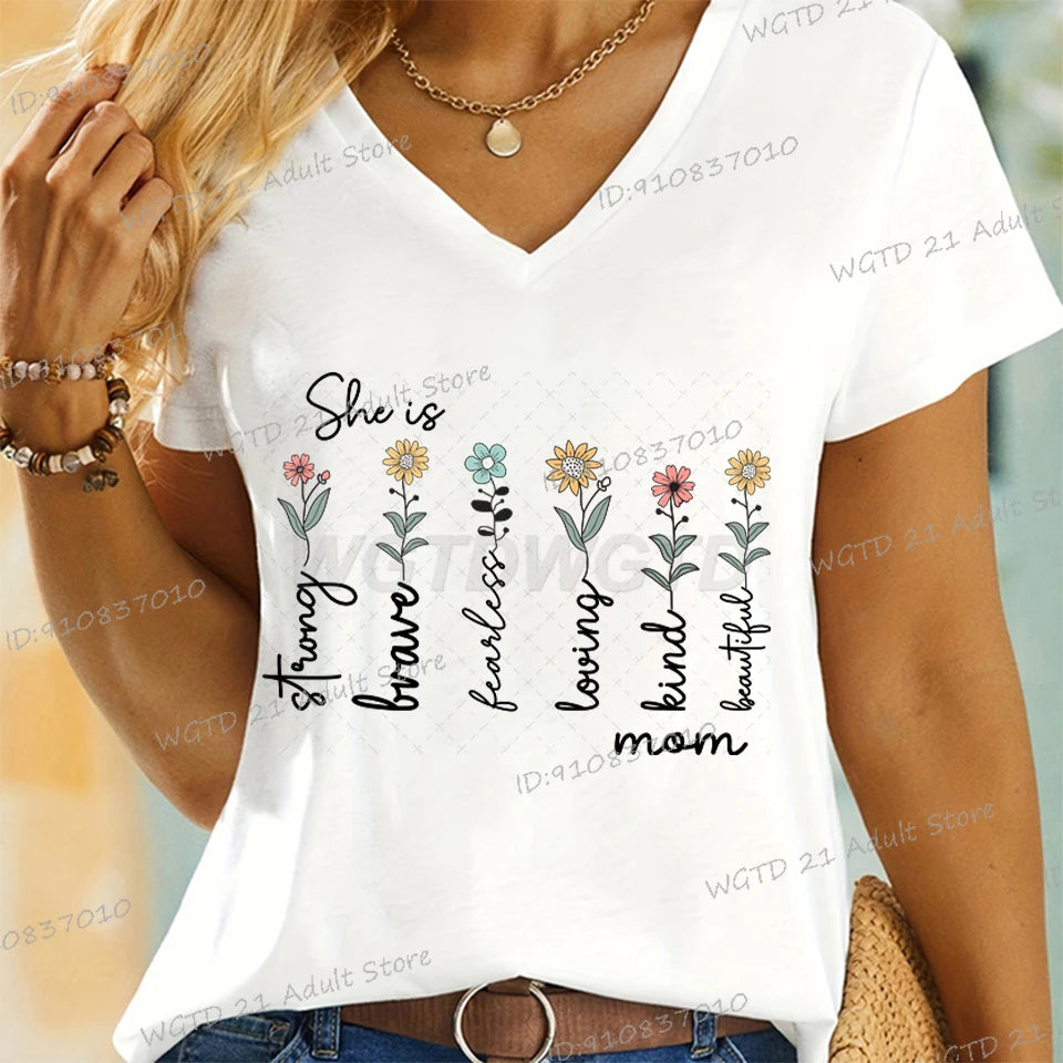 Women T-shirt She Is Strong Kind Print Wild Flower Tees Bible Verses Mom Life V Neck Shirt Ladies Casual Tops Gift Mother's Day