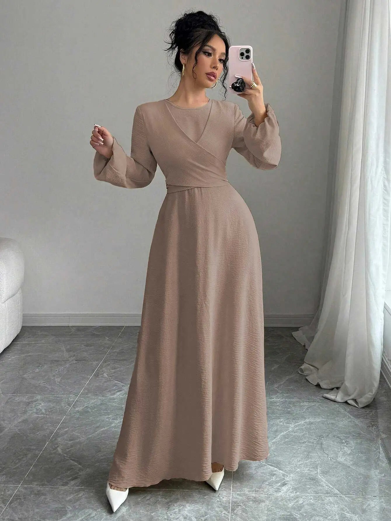 Trendy Modest Dress in Cream Tone Cross Neck and Waist Binding Design Great for Modern Islamic Women's Daily and Occasional Wear