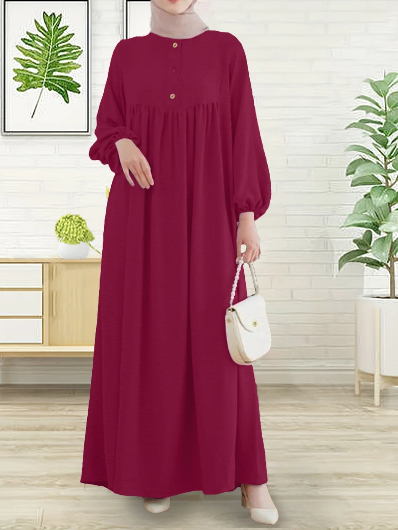 Modest Abaya Dress for Muslim Women Simple Bubble Sleeve Robe Crew Neck Breathable Islamic Abaya Dress