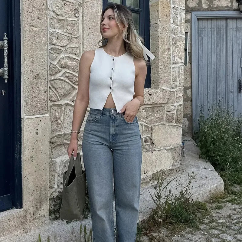 TRAF Female Sweater Vest Cropped Knit Vest Woman Sleeveless White Blue Vest Women Autumn Button Slim Yellow Pink Knitted Vests