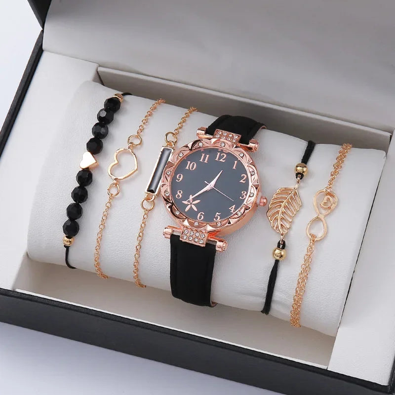 6pcs/set New Women's Rhinestone Dial Strap Quartz Watch Female Casual Heart Firework PU Leather Wrist Watch Ensemble Argent
