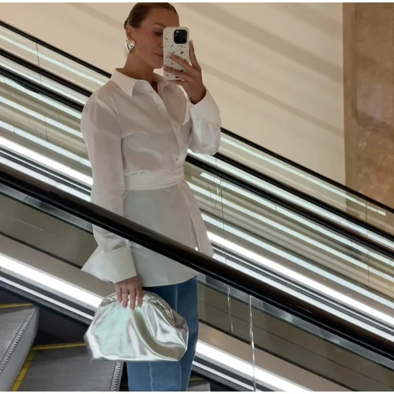 Fashion Woman Waist Shirt  New Turn-Down Collar Single Breasted Female Blouse Solid Color Shirts Office Lady Clothing