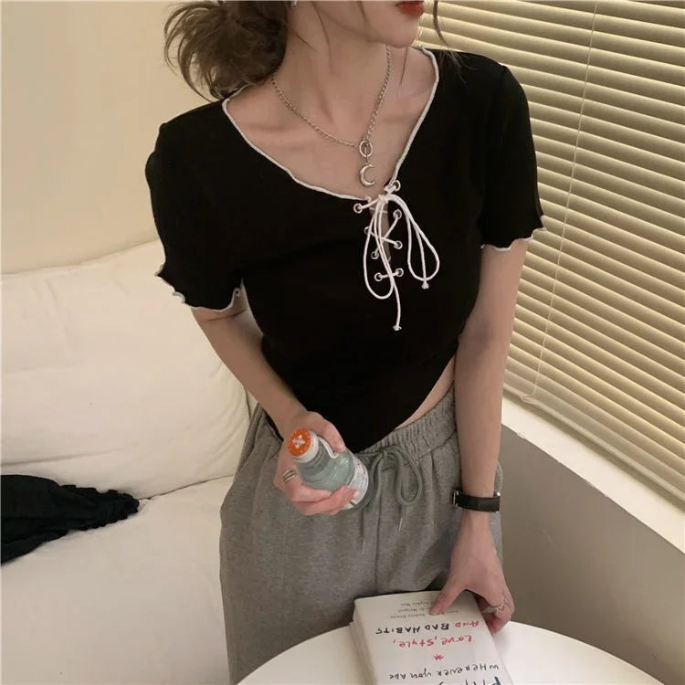 Woman T-shirts Summer White V-neck Top Knitted Short-Sleeved T-shirt for Women Mujer Camisetas
