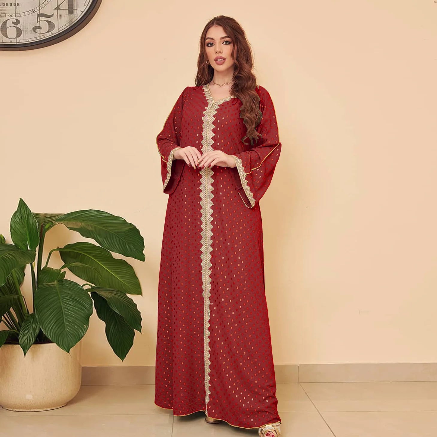 Modest Muslim Maxi Dress For Women Spring 2025 Lace Tape Trim V Neck Long Sleeve Loose Arab Oman Dubai Gold Stamping Robe Pink