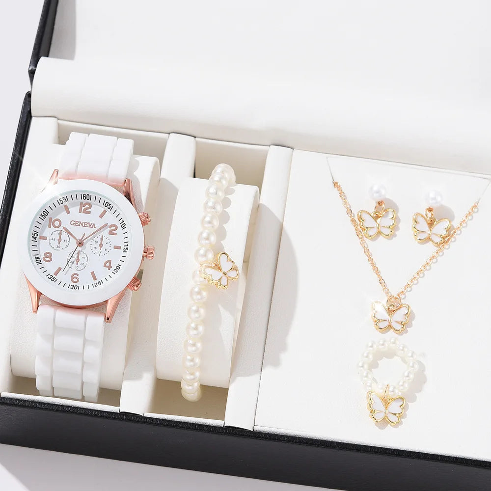 Luxury Watch Women Necklace Earrings Bracelet Set Watches Butterfly Silicone Strap Ladies Quartz Wristwatch Bracelet No Box