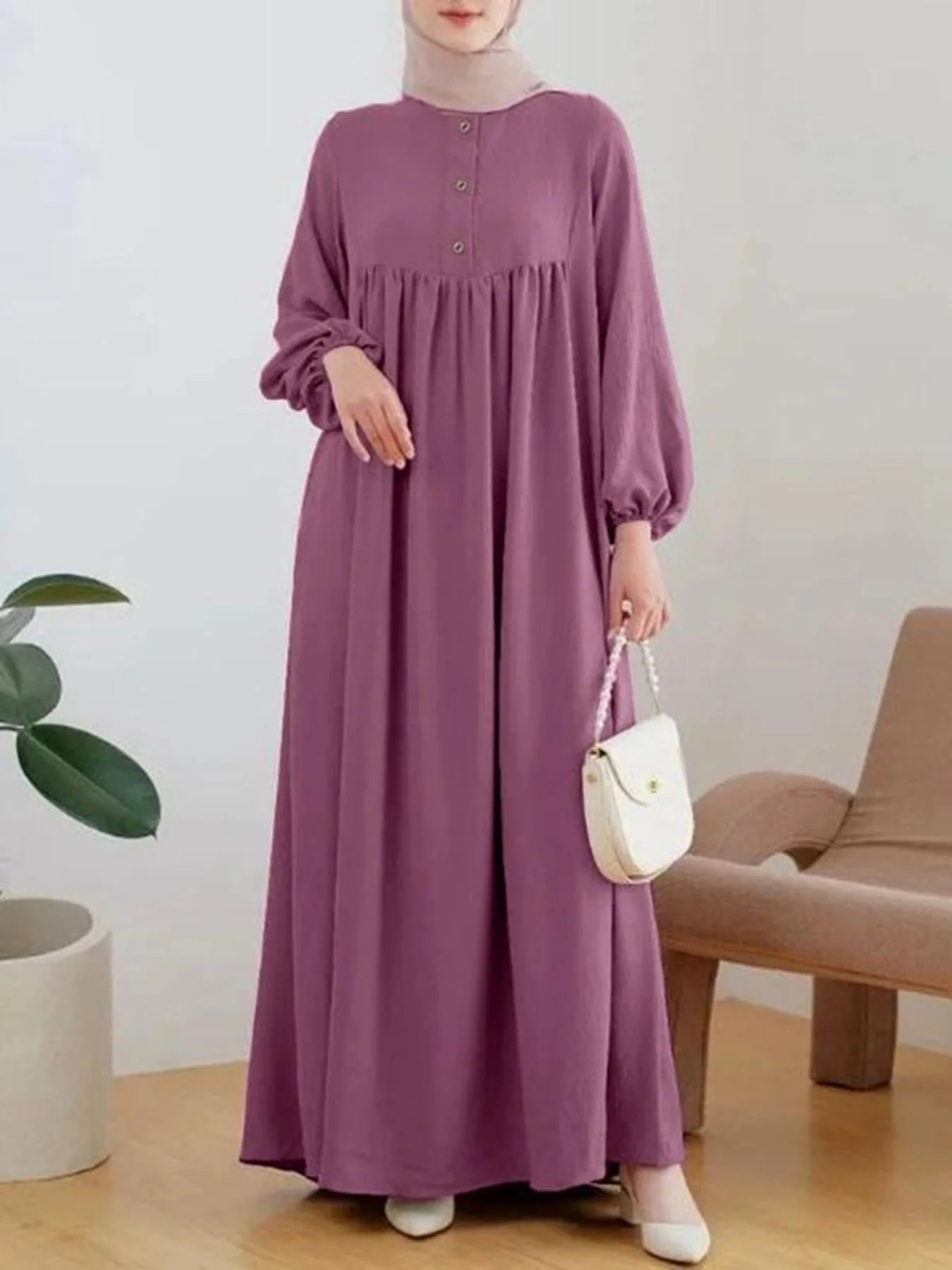 Modest Abaya Dress for Muslim Women Simple Bubble Sleeve Robe Crew Neck Breathable Islamic Abaya Dress