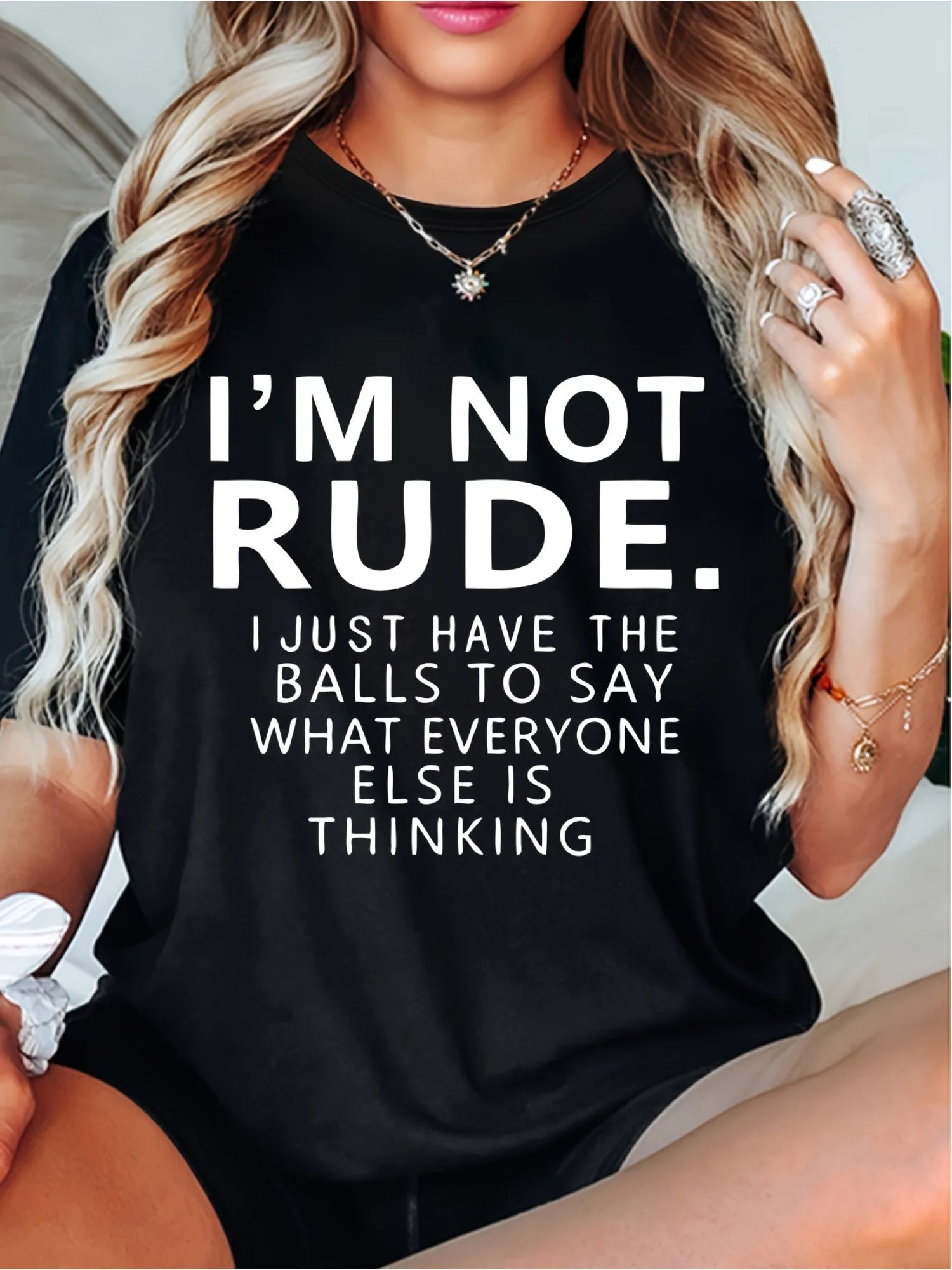 Women'S T-shirt I'm Not Rude Letter Printed Casual Soft Round Neck Top  Simple Design Showing Natural And Elegant Style Fashion