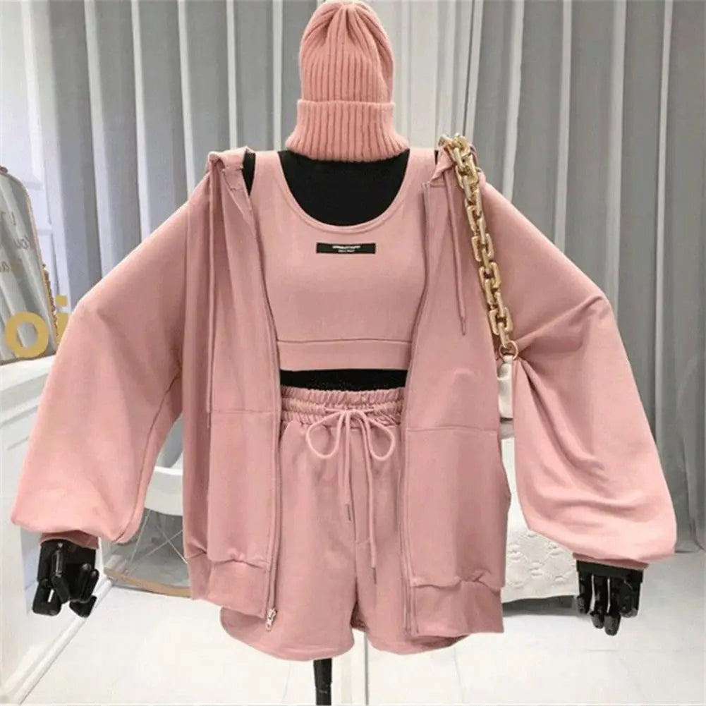 طقم ملابس رياضية نسائية مكون من 3 قطع، مكون من هودي وسويت شيرت وشورت وبدلة أنيقة ومريحة، سترة رياضية، هودي وشورت