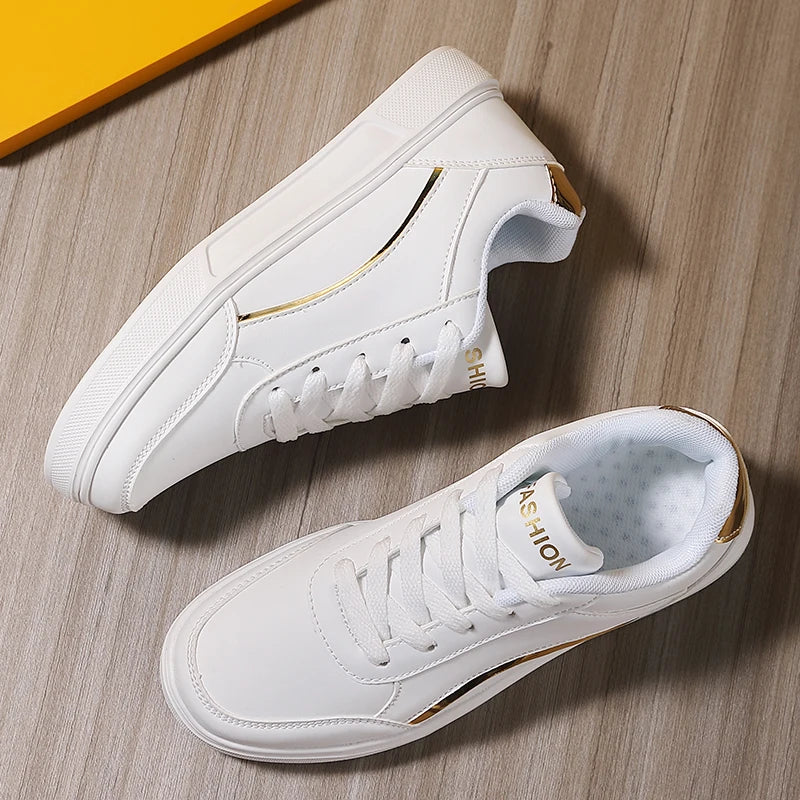 Women White Shoes Flat Female White Board Casual Shoes Lace Up PU Leather Walking Sneakers Thick Sole Outdoor Luxury Fashion