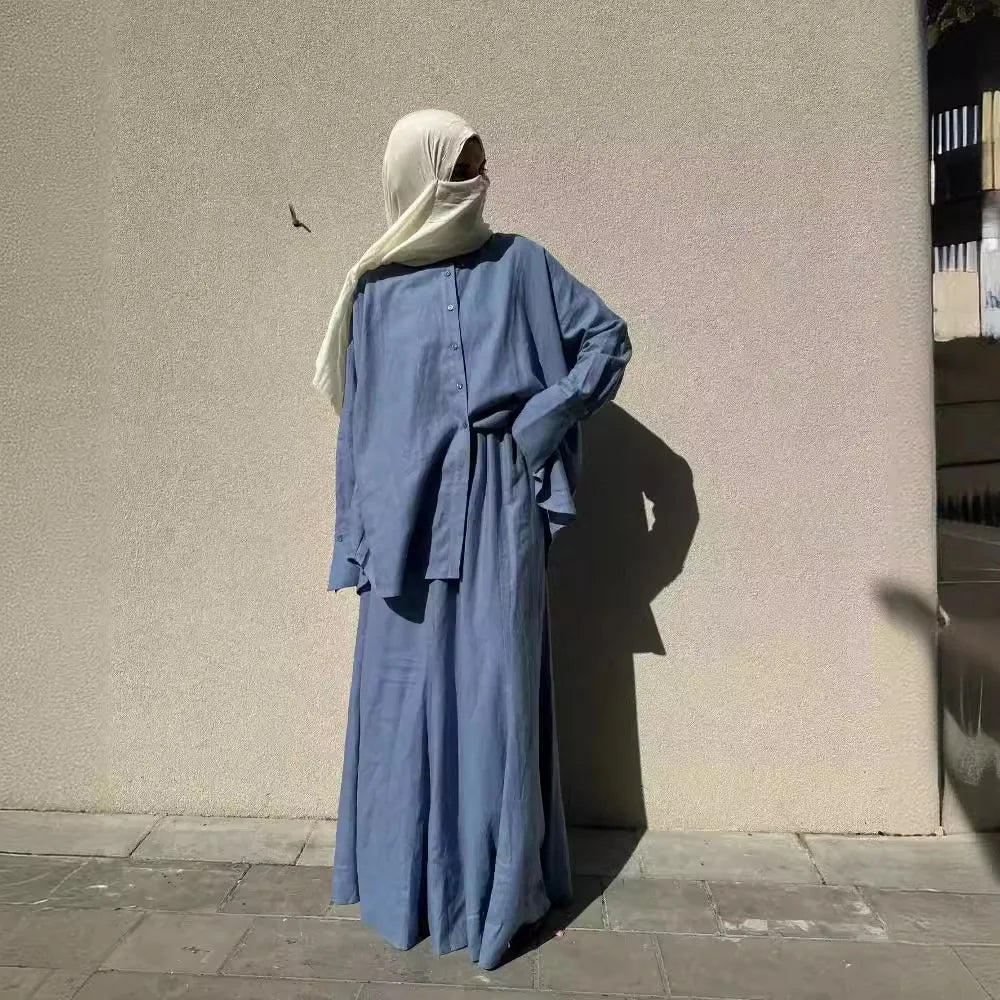 Muslim Women 2 Piece Sets Shirts Skirt Outfits Single Breasted Morocco Dubai Islam Blouse Long Skirts Suit Saudi Modest Ensemble