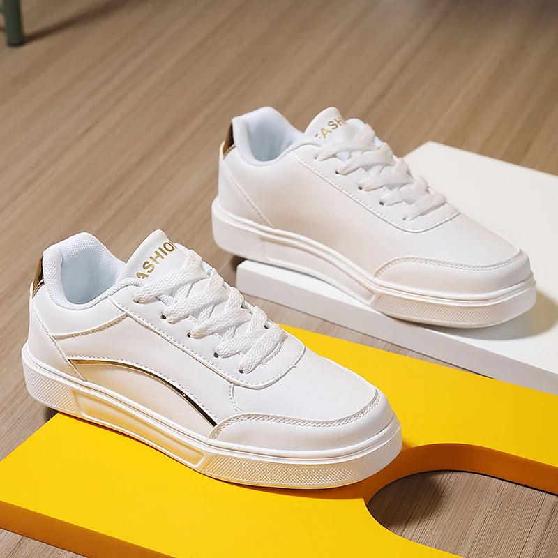 Women White Shoes Flat Female White Board Casual Shoes Lace Up PU Leather Walking Sneakers Thick Sole Outdoor Luxury Fashion