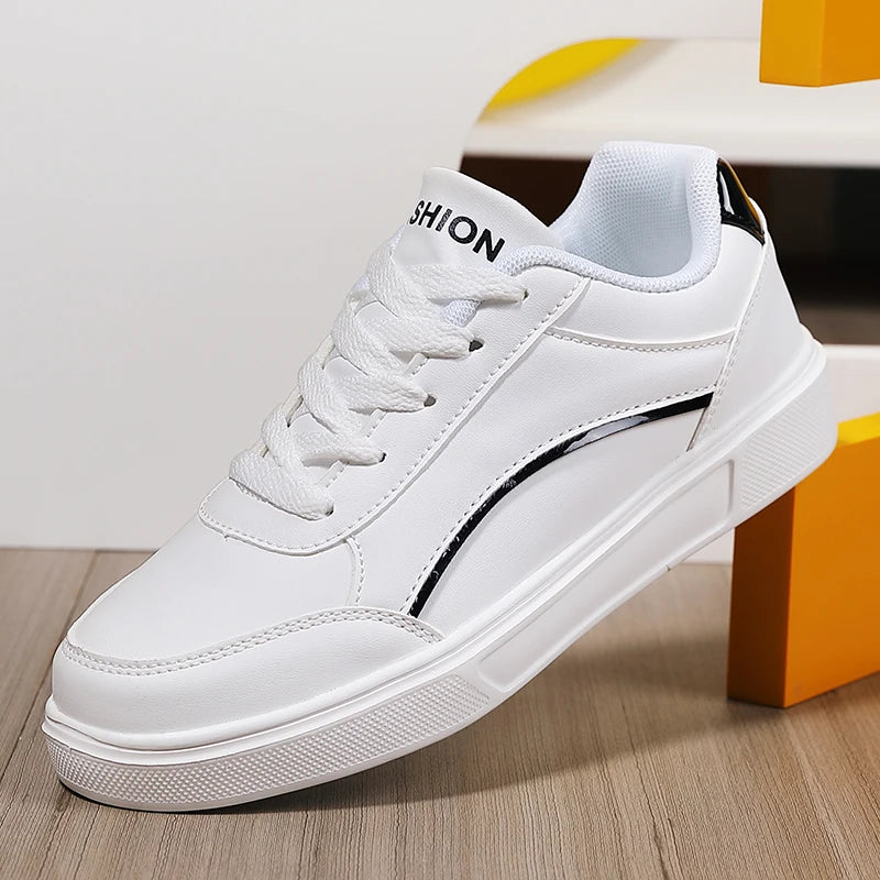 Women White Shoes Flat Female White Board Casual Shoes Lace Up PU Leather Walking Sneakers Thick Sole Outdoor Luxury Fashion