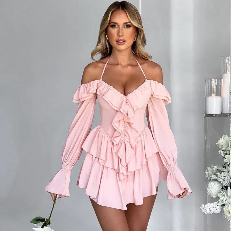 Woman Clothes Sexy Ruffles High Waist Rompers Short Jumpsuit 2025 Autumn Lace-up Off Shoulder Long Sleeve Pink Playsuit Clubwear