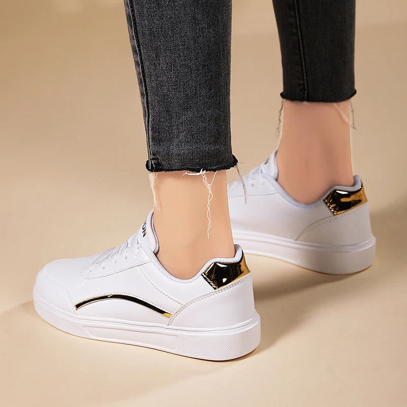 Women White Shoes Flat Female White Board Casual Shoes Lace Up PU Leather Walking Sneakers Thick Sole Outdoor Luxury Fashion