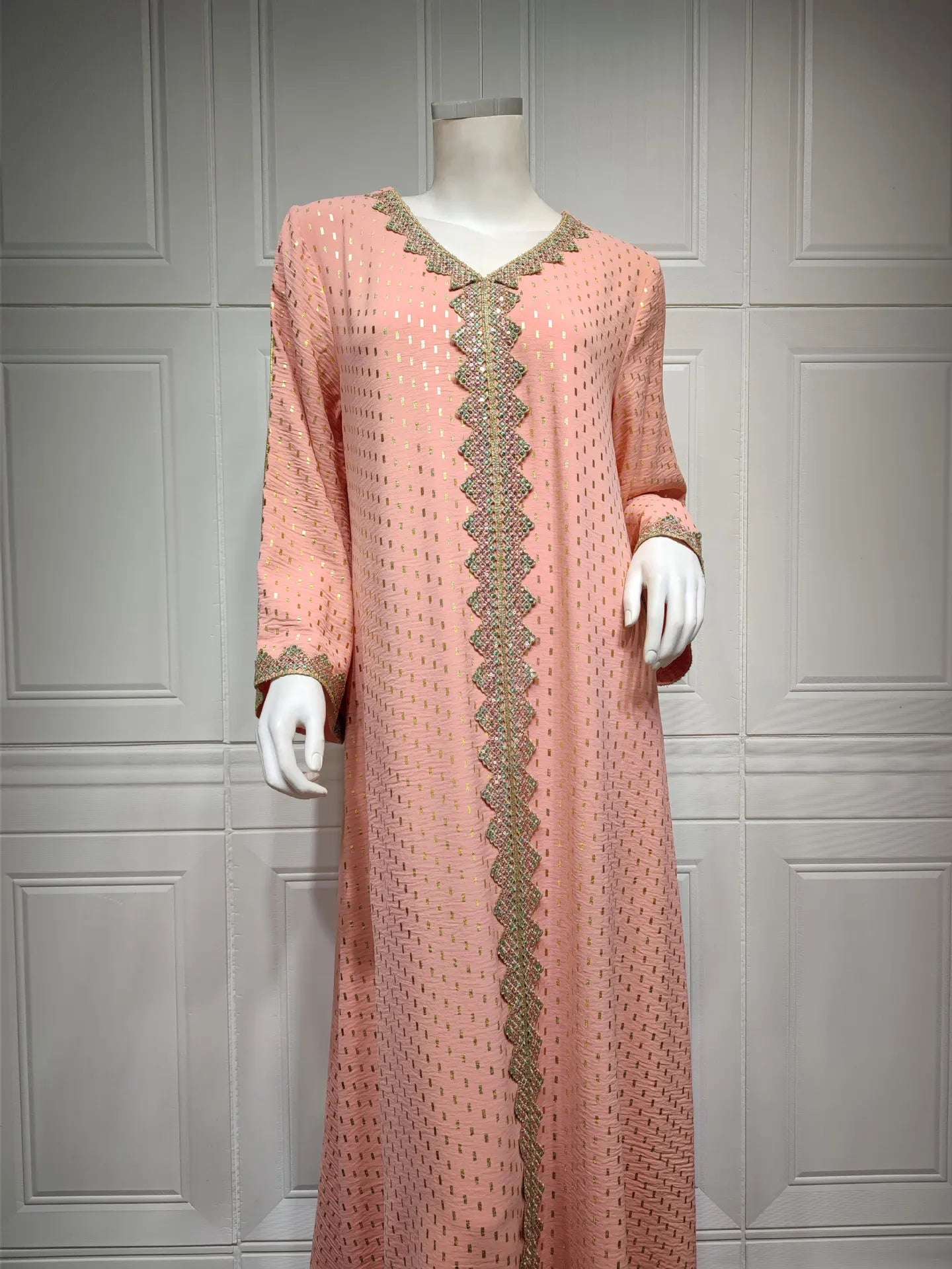 Modest Muslim Maxi Dress For Women Spring 2025 Lace Tape Trim V Neck Long Sleeve Loose Arab Oman Dubai Gold Stamping Robe Pink