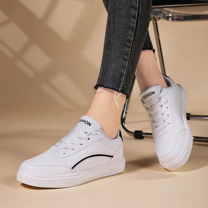 Women White Shoes Flat Female White Board Casual Shoes Lace Up PU Leather Walking Sneakers Thick Sole Outdoor Luxury Fashion