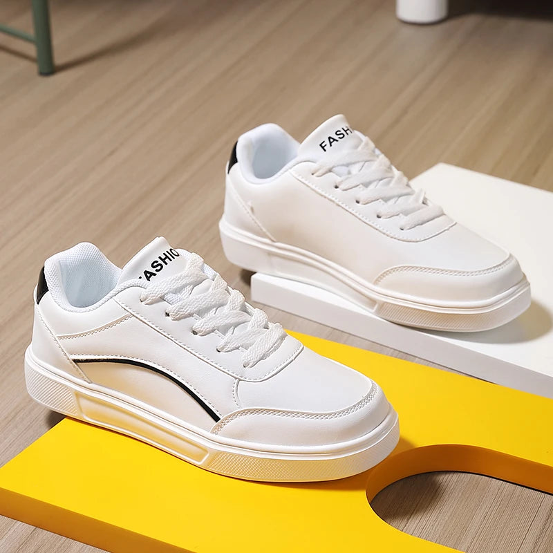 Women White Shoes Flat Female White Board Casual Shoes Lace Up PU Leather Walking Sneakers Thick Sole Outdoor Luxury Fashion