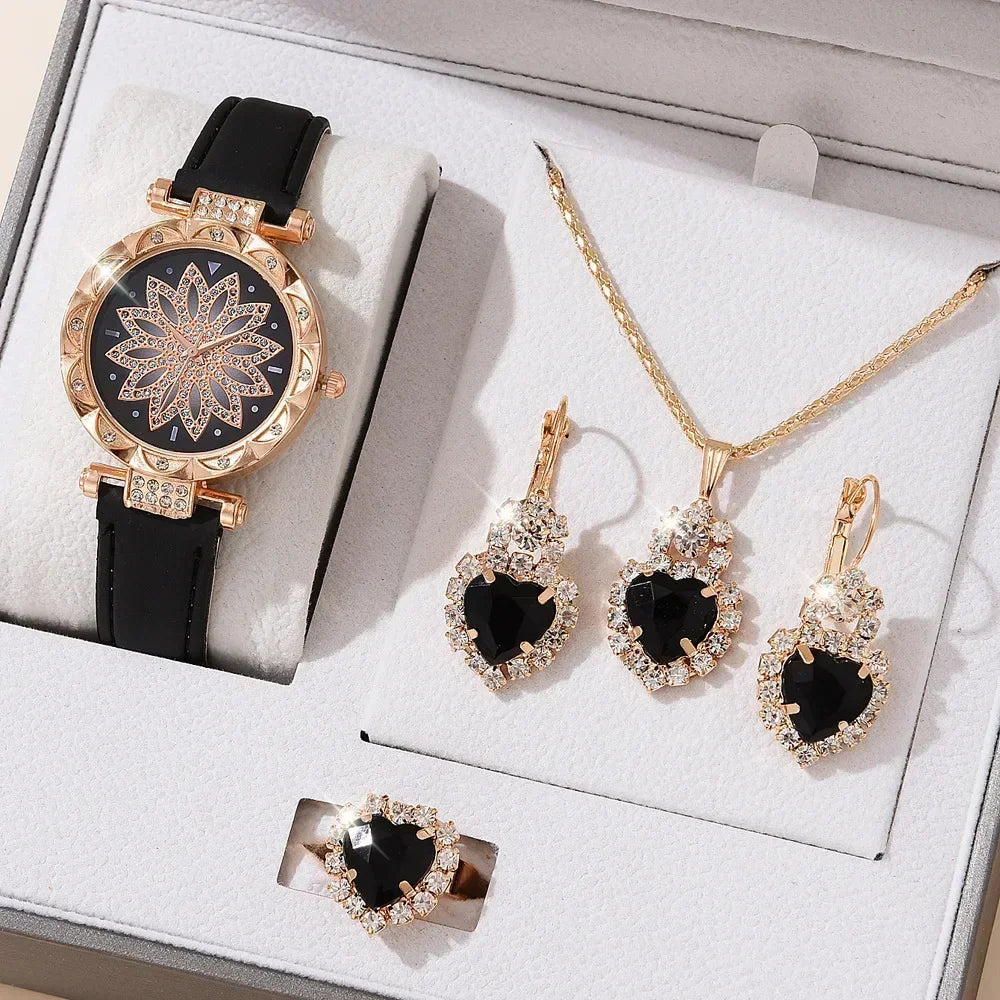 5/6PCS Set Rose Gold Luxury Watch Women Ring Necklace Earring Rhinestone Fashion Wristwatch Casual Ladies Bracelet( No Box)