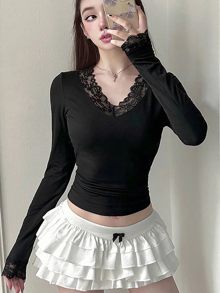 Women's T-shirt New Streetwear Spring Fashion Casual Slim T-shirt Elegant Female Sexy Black Lady Versatile Knitted Tees Clothing