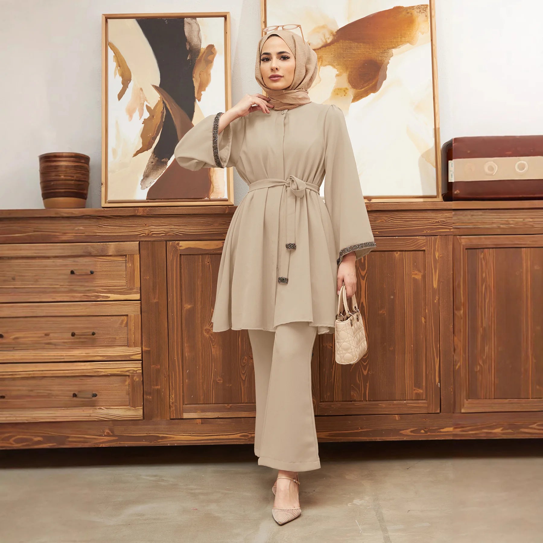 عباية رمضانية محتشمة مكونة من قطعتين، طقم إسلامي من دبي، بلوزات وسراويل، عبايات للنساء، قفطان، رداء نسائي، طقم إسلامي