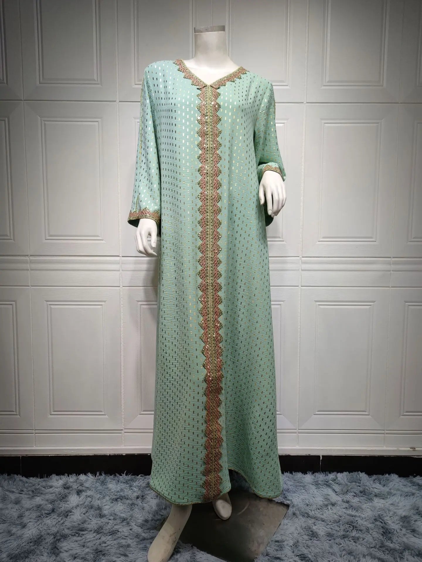 Modest Muslim Maxi Dress For Women Spring 2025 Lace Tape Trim V Neck Long Sleeve Loose Arab Oman Dubai Gold Stamping Robe Pink
