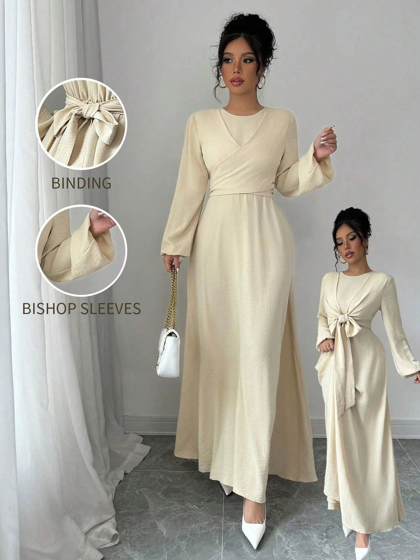 Trendy Modest Dress in Cream Tone Cross Neck and Waist Binding Design Great for Modern Islamic Women's Daily and Occasional Wear