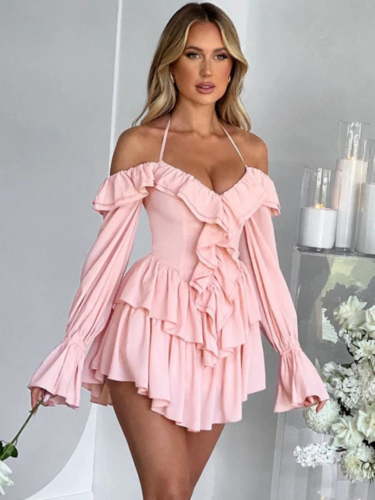 Woman Clothes Sexy Ruffles High Waist Rompers Short Jumpsuit 2025 Autumn Lace-up Off Shoulder Long Sleeve Pink Playsuit Clubwear