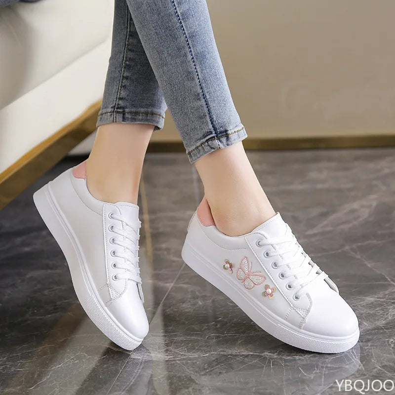 Women's New White Shoes Fashion breathable flats Casual lace up leather shoes Comfortable versatile ladies Sneakers Zapatos