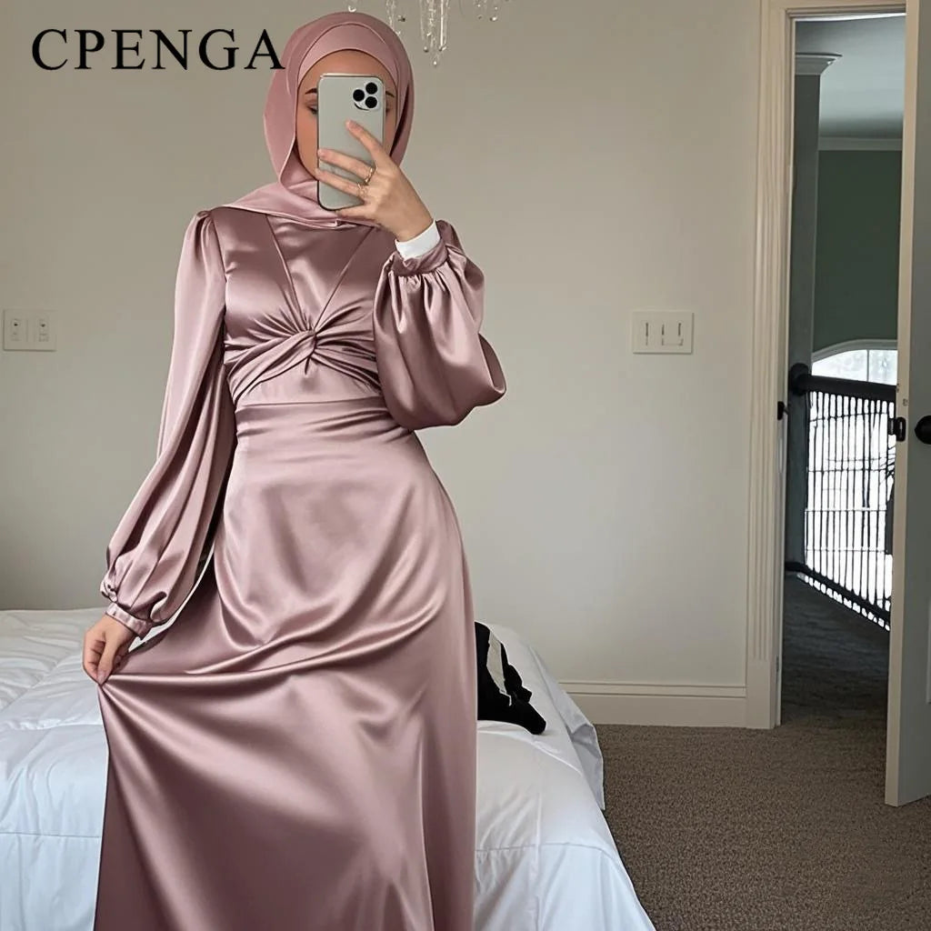 Ramadan Arabic Muslim Women Modest Dress Elegant Dubai Satin Abaya Islamic Party Clothing Holiday Travel Outfit 2025 Turkey Robe