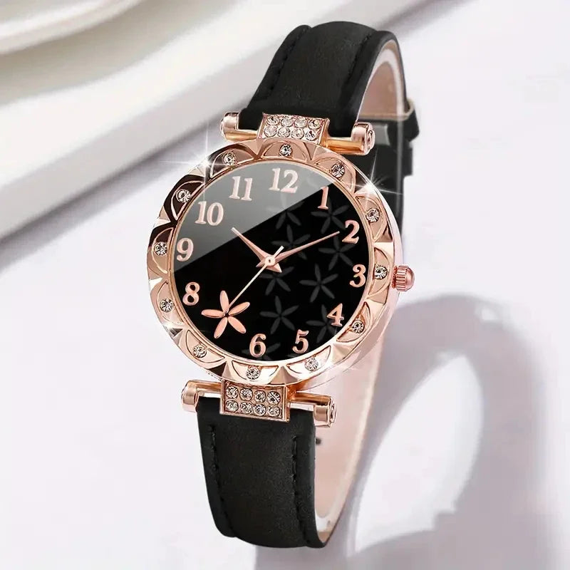6pcs/set New Women's Rhinestone Dial Strap Quartz Watch Female Casual Heart Firework PU Leather Wrist Watch Ensemble Argent