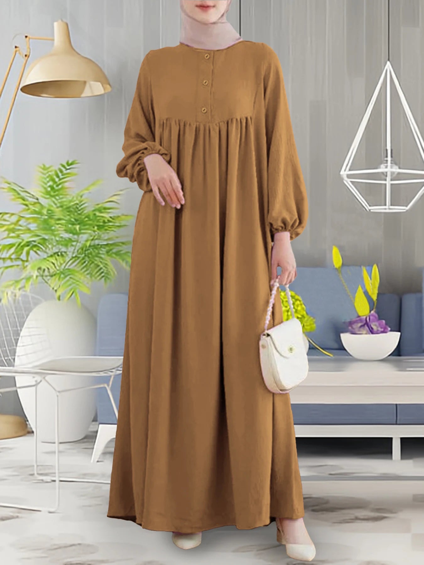Modest Abaya Dress for Muslim Women Simple Bubble Sleeve Robe Crew Neck Breathable Islamic Abaya Dress