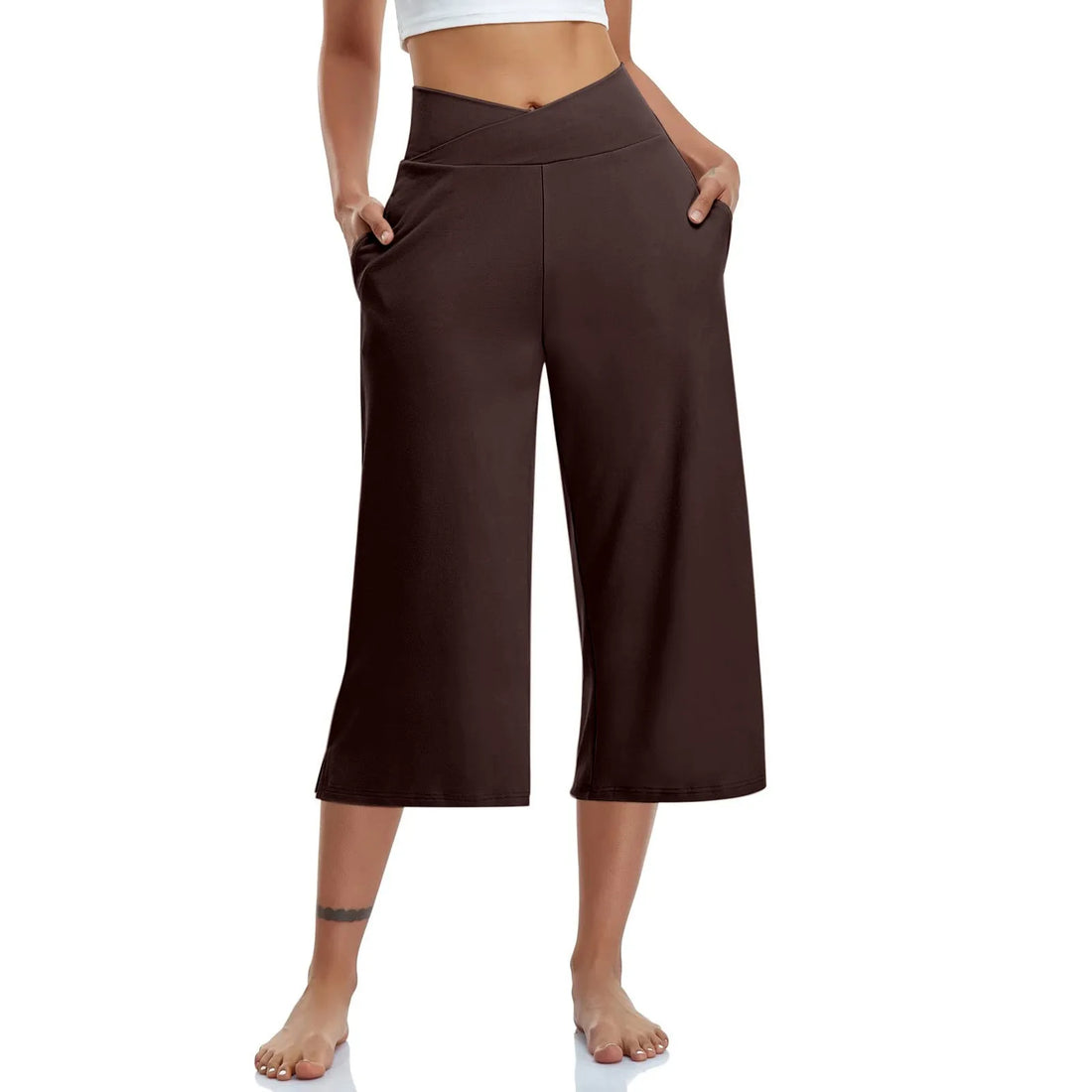 Women  Elastic High Waist 3/4 Pant Casual Active  Fit Wide Capris Leg Pants Trousers With Pockets Pants for Women Women’s Pants