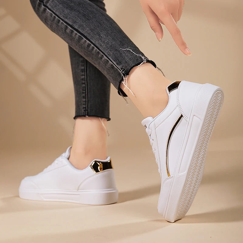 Women White Shoes Flat Female White Board Casual Shoes Lace Up PU Leather Walking Sneakers Thick Sole Outdoor Luxury Fashion