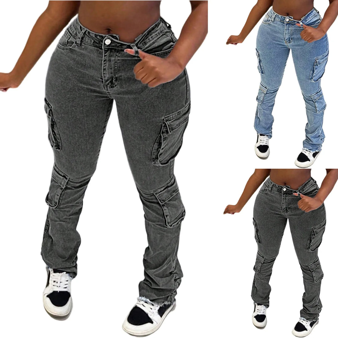 Workwear Jeans For Women Smoky Grey With Multiple Pockets Raw Edges Fashionable Trousers Functional Slimming Pants Everyday Wear