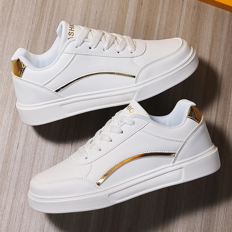 Women White Shoes Flat Female White Board Casual Shoes Lace Up PU Leather Walking Sneakers Thick Sole Outdoor Luxury Fashion