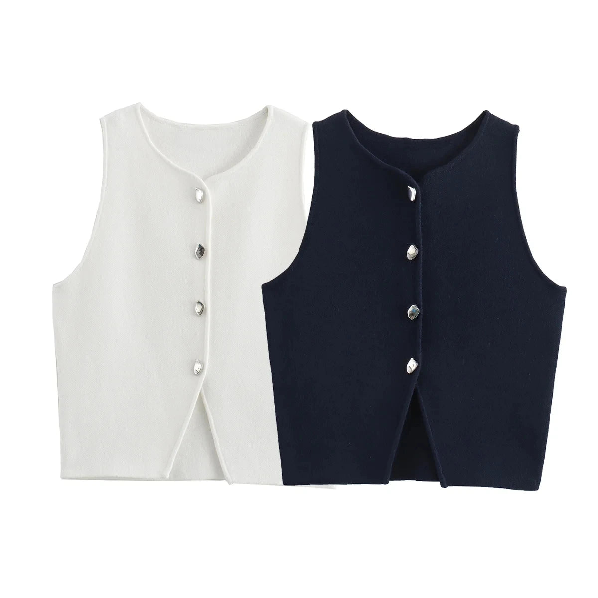 TRAF Female Sweater Vest Cropped Knit Vest Woman Sleeveless White Blue Vest Women Autumn Button Slim Yellow Pink Knitted Vests