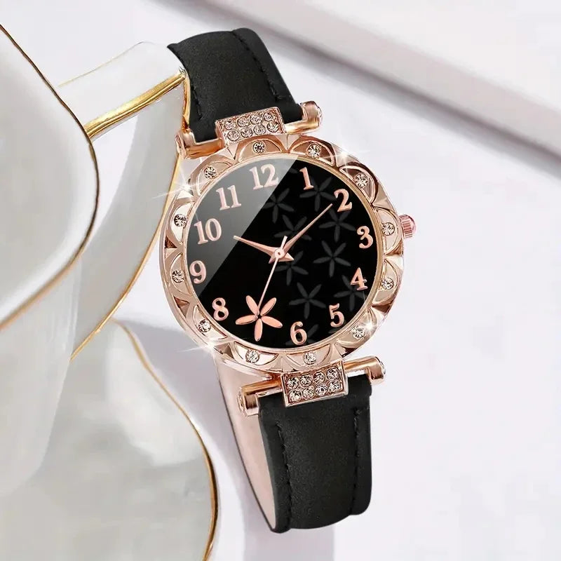 6pcs/set New Women's Rhinestone Dial Strap Quartz Watch Female Casual Heart Firework PU Leather Wrist Watch Ensemble Argent