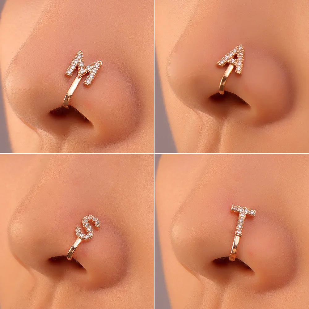 Women A B C D E F M S T-Z Crystal Letter Crystal Nose Clip Ring Fake Septum Piering Body Jewelry Non Perforation Nose Ring Stud