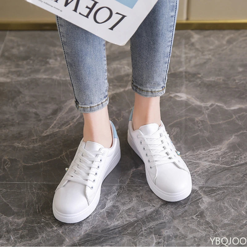Women's New White Shoes Fashion breathable flats Casual lace up leather shoes Comfortable versatile ladies Sneakers Zapatos