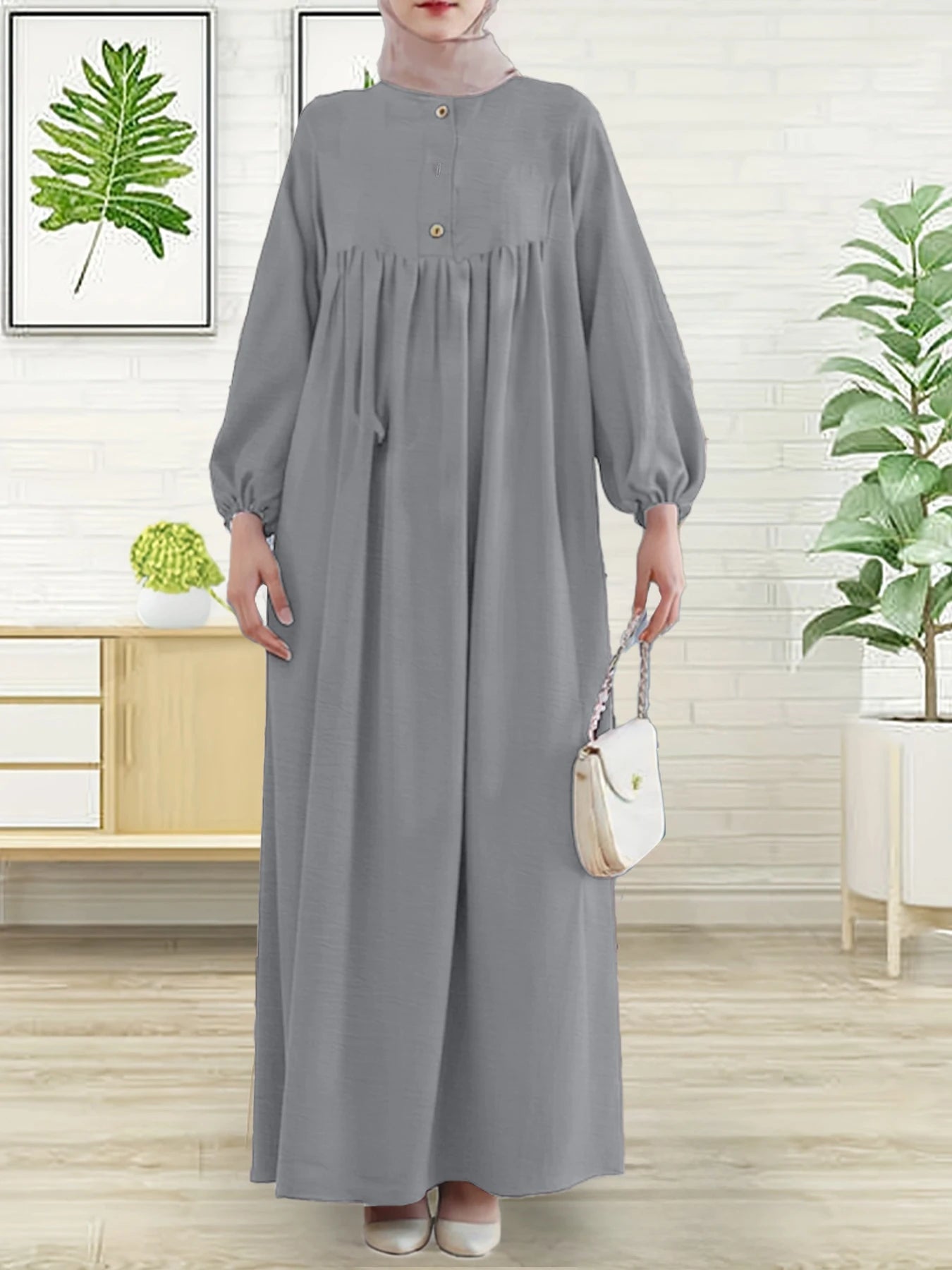 Modest Abaya Dress for Muslim Women Simple Bubble Sleeve Robe Crew Neck Breathable Islamic Abaya Dress