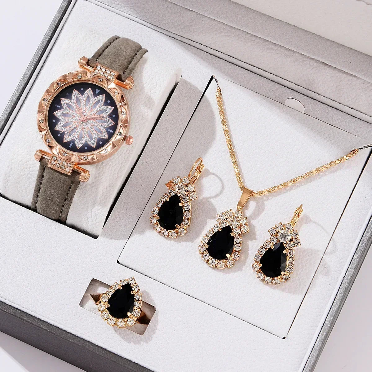 5/6PCS Set Rose Gold Luxury Watch Women Ring Necklace Earring Rhinestone Fashion Wristwatch Casual Ladies Bracelet( No Box)