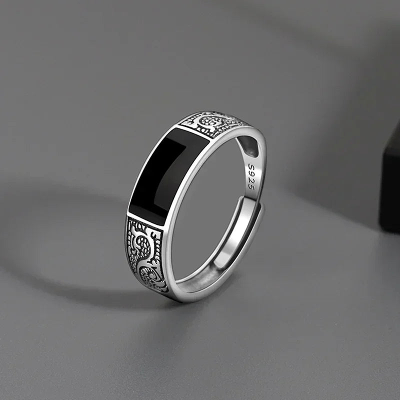Trendy Vintage 925 Silver Ring for Men Jewelry Black Rectangle Retro Dragon Pattern Ring Male Rings Adjustable 남자 반지 남자친구 선물