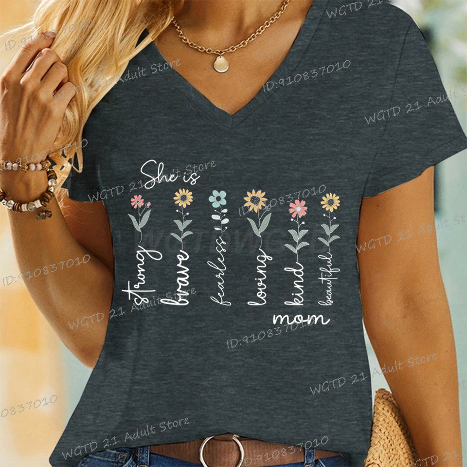 Women T-shirt She Is Strong Kind Print Wild Flower Tees Bible Verses Mom Life V Neck Shirt Ladies Casual Tops Gift Mother's Day