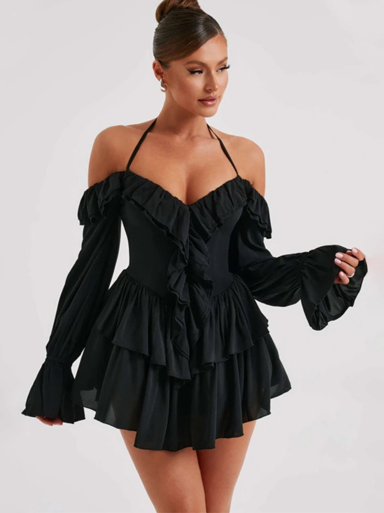 Woman Clothes Sexy Ruffles High Waist Rompers Short Jumpsuit 2025 Autumn Lace-up Off Shoulder Long Sleeve Pink Playsuit Clubwear