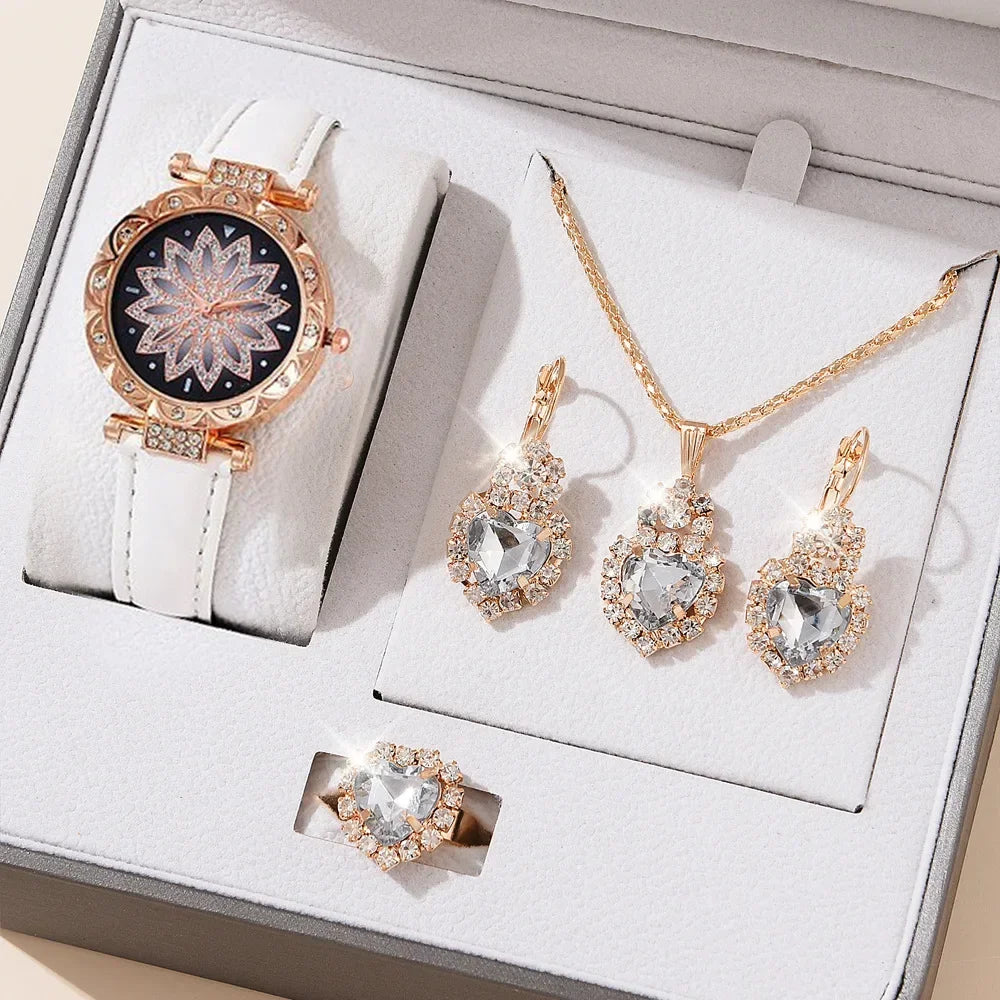 5/6PCS Set Rose Gold Luxury Watch Women Ring Necklace Earring Rhinestone Fashion Wristwatch Casual Ladies Bracelet( No Box)